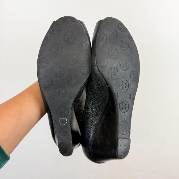 Tory Burch Sally Wedge Heels Peep Toe Black Silver - 9.5 - Picture 8 of 10